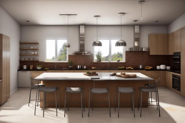 interior, a kitchen with a table and chairs and a wine rack in the middle of the room with a window, Dahlov Ipcar, vray render, a 3D render, photorealism
interior, food, indoors, no humans, window, chair, table, plant, scenery, plate, shelf, kitchen, frying pan, sink, stove
Dive into the ultra-detailed 8k masterpiece, carefully crafted with photorealistic precision of 1.37 ratio, all in the essence of Nayuta Nordic Modern Interior Design. Art form: Photography. Inspired by the techniques of Annie Leibovitz, the kitchen showcases professional lighting, a scenery where the play of radiosity brightens the room. A stove with a frying pan, a gleaming refrigerator beside tiles and cabinet, a sink with a faucet overlooking a tile wall. On the shelf, there's a spatula, a chair nearby with a plant and some food in a jar. Lens: 35mm. The room basks in a warm color temperature. Perfectly illuminated with ray tracing and the best shadows using physically-based rendering <lora:add_detail:0.5> <lora:more_details:0.5> <lora:interior02_SDLife_Chiasedamme_v2.0:0.6>