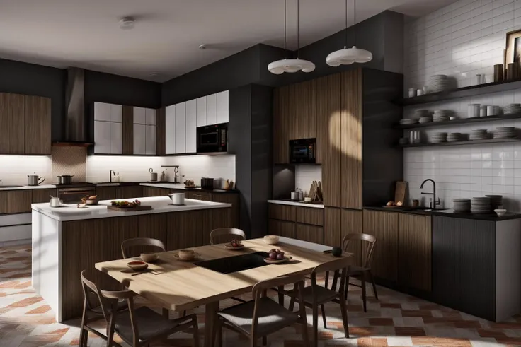 interior, a kitchen with a table and chairs and a wine rack in the middle of the room with a window, Dahlov Ipcar, vray render, a 3D render, photorealism
interior, food, indoors, no humans, window, chair, table, plant, scenery, plate, shelf, kitchen, frying pan, sink, stove
Dive into the ultra-detailed 8k masterpiece, carefully crafted with photorealistic precision of 1.37 ratio, all in the essence of Nayuta Nordic Modern Interior Design. Art form: Photography. Inspired by the techniques of Annie Leibovitz, the kitchen showcases professional lighting, a scenery where the play of radiosity brightens the room. A stove with a frying pan, a gleaming refrigerator beside tiles and cabinet, a sink with a faucet overlooking a tile wall. On the shelf, there's a spatula, a chair nearby with a plant and some food in a jar. Lens: 35mm. The room basks in a warm color temperature. Perfectly illuminated with ray tracing and the best shadows using physically-based rendering <lora:add_detail:0.5> <lora:more_details:0.5> <lora:interior01_SDLife_Chiasedamme_v1.0:0.8>