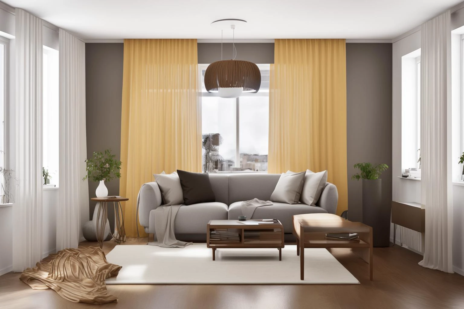 interior, a living room with a couch, chair, table and windows with curtains on them and a chandelier hanging from the ceiling, Enguerrand Quarton, vray render, a digital rendering, photorealism
interior, flower, indoors, tree, no humans, window, chair, table, plant, curtains, scenery, couch, wooden floor, vase
Step into the realms of an 8k masterpiece wallpaper, a nexus of ultra-detail, high resolution, and impeccable shadow play. Rendered in digital illustration, it bears a semblance to the works of Yoko Honda. Set against the backdrop of a Nayuta Nordic Modern Interior Design room, the scene features a chair, a vase flaunting a white flower, a table, swaying curtains, a luxurious couch, a lamp placed near a window, a cup, a spread-out book, and a vibrant plant. The color temperature bathes the room in golden hues, adding to its charm. In the absence of humans, the setting resonates with profound stillness. Ray tracing, photon mapping, and radiosity merge seamlessly with professional lighting to create an ethereal atmosphere <lora:interior02_SDLife_Chiasedamme_v2.0:0.8>