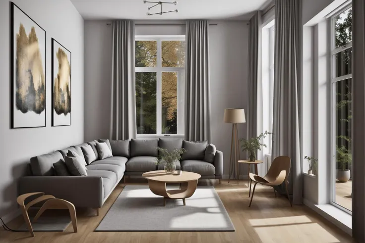 interior, Step into the realms of an 8k masterpiece wallpaper, a nexus of ultra-detail, high resolution, and impeccable shadow play. Rendered in digital illustration, it bears a semblance to the works of Yoko Honda. Set against the backdrop of a Nayuta Nordic Modern Interior Design room, the scene features a chair, a vase flaunting a white flower, a table, swaying curtains, a luxurious couch, a lamp placed near a window, a cup, a spread-out book, and a vibrant plant. The color temperature bathes the room in golden hues, adding to its charm. In the absence of humans, the setting resonates with profound stillness. Ray tracing, photon mapping, and radiosity merge seamlessly with professional lighting to create an ethereal atmosphere <lora:interior01_SDLife_Chiasedamme_v1.0:0.6>
