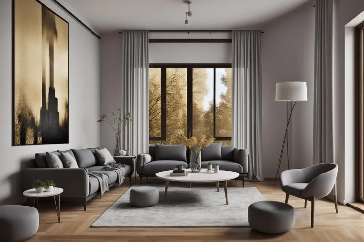 interior, Step into the realms of an 8k masterpiece wallpaper, a nexus of ultra-detail, high resolution, and impeccable shadow play. Rendered in digital illustration, it bears a semblance to the works of Yoko Honda. Set against the backdrop of a Nayuta Nordic Modern Interior Design room, the scene features a chair, a vase flaunting a white flower, a table, swaying curtains, a luxurious couch, a lamp placed near a window, a cup, a spread-out book, and a vibrant plant. The color temperature bathes the room in golden hues, adding to its charm. In the absence of humans, the setting resonates with profound stillness. Ray tracing, photon mapping, and radiosity merge seamlessly with professional lighting to create an ethereal atmosphere <lora:interior01_SDLife_Chiasedamme_v1.0:0.6>