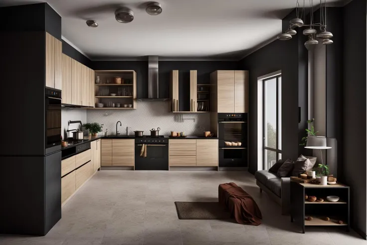 interior, a kitchen with a table and chairs and a wine rack in the middle of the room with a window, Dahlov Ipcar, vray render, a 3D render, photorealism
interior, food, indoors, no humans, window, chair, table, plant, scenery, plate, shelf, kitchen, frying pan, sink, stove
Dive into the ultra-detailed 8k masterpiece, carefully crafted with photorealistic precision of 1.37 ratio, all in the essence of Nayuta Nordic Modern Interior Design. Art form: Photography. Inspired by the techniques of Annie Leibovitz, the kitchen showcases professional lighting, a scenery where the play of radiosity brightens the room. A stove with a frying pan, a gleaming refrigerator beside tiles and cabinet, a sink with a faucet overlooking a tile wall. On the shelf, there's a spatula, a chair nearby with a plant and some food in a jar. Lens: 35mm. The room basks in a warm color temperature. Perfectly illuminated with ray tracing and the best shadows using physically-based rendering <lora:add_detail:0.5> <lora:more_details:0.5> <lora:interior01_SDLife_Chiasedamme_v1.0:0.6>