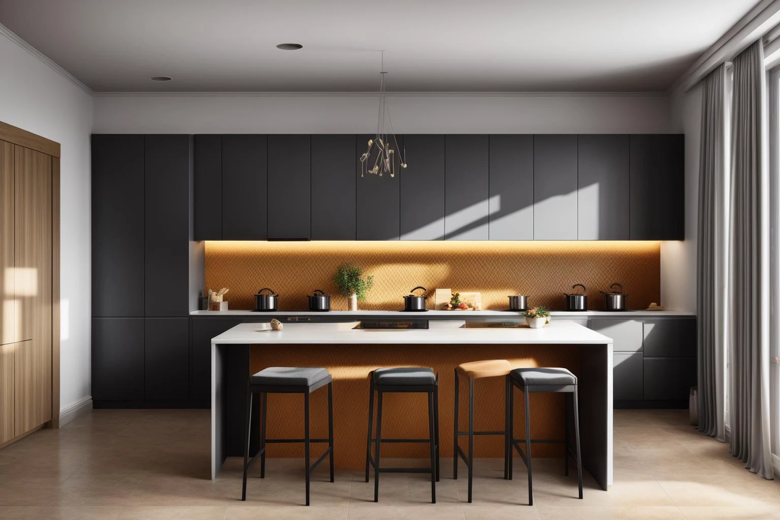 interior, a kitchen with a table and chairs and a wine rack in the middle of the room with a window, Dahlov Ipcar, vray render, a 3D render, photorealism
interior, food, indoors, no humans, window, chair, table, plant, scenery, plate, shelf, kitchen, frying pan, sink, stove
Dive into the ultra-detailed 8k masterpiece, carefully crafted with photorealistic precision of 1.37 ratio, all in the essence of Nayuta Nordic Modern Interior Design. Art form: Photography. Inspired by the techniques of Annie Leibovitz, the kitchen showcases professional lighting, a scenery where the play of radiosity brightens the room. A stove with a frying pan, a gleaming refrigerator beside tiles and cabinet, a sink with a faucet overlooking a tile wall. On the shelf, there's a spatula, a chair nearby with a plant and some food in a jar. Lens: 35mm. The room basks in a warm color temperature. Perfectly illuminated with ray tracing and the best shadows using physically-based rendering <lora:add_detail:0.5> <lora:more_details:0.5> <lora:interior02_SDLife_Chiasedamme_v2.0:0.6>