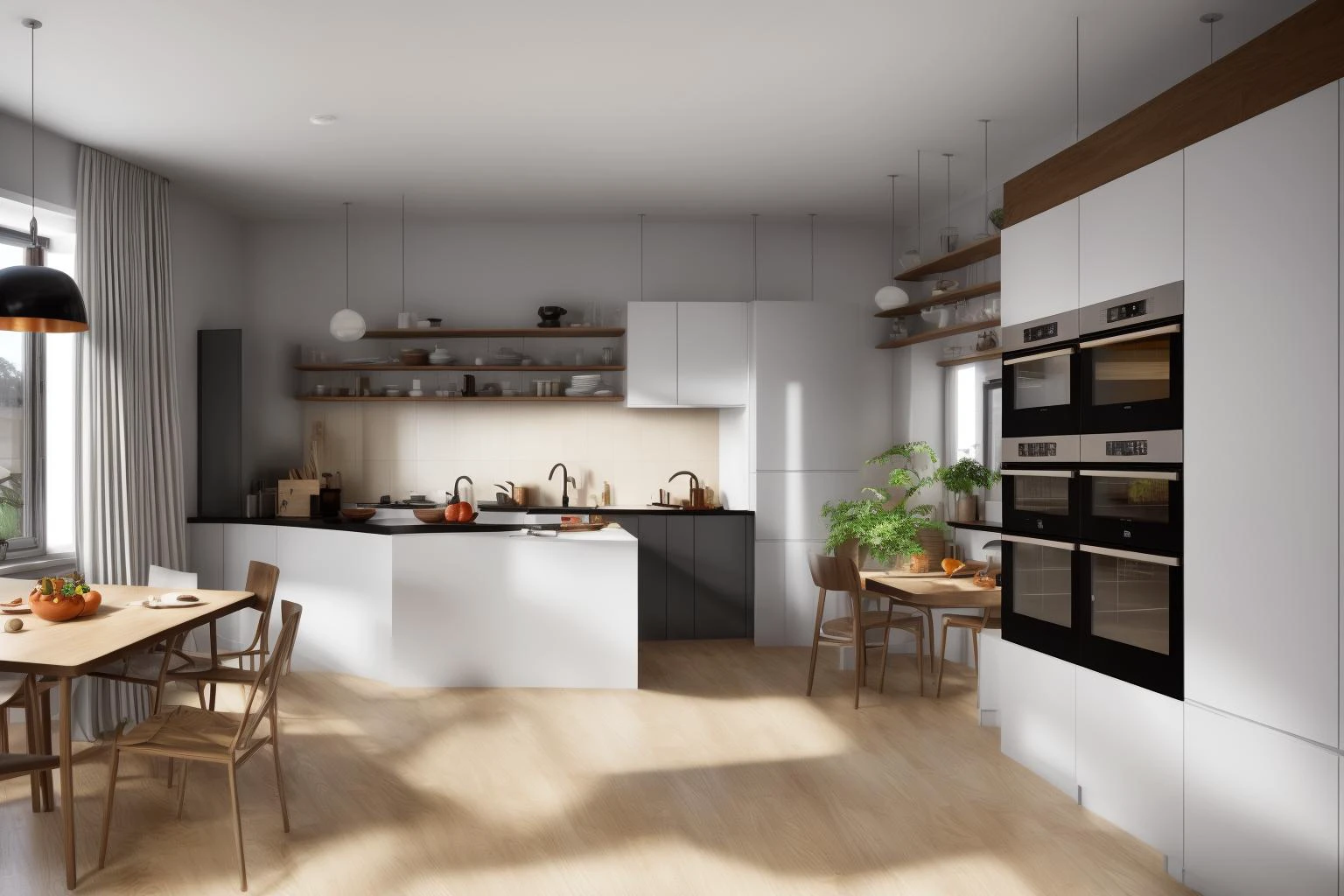 interior, a kitchen with a table and chairs and a wine rack in the middle of the room with a window, Dahlov Ipcar, vray render, a 3D render, photorealism
interior, food, indoors, no humans, window, chair, table, plant, scenery, plate, shelf, kitchen, frying pan, sink, stove
Dive into the ultra-detailed 8k masterpiece, carefully crafted with photorealistic precision of 1.37 ratio, all in the essence of Nayuta Nordic Modern Interior Design. Art form: Photography. Inspired by the techniques of Annie Leibovitz, the kitchen showcases professional lighting, a scenery where the play of radiosity brightens the room. A stove with a frying pan, a gleaming refrigerator beside tiles and cabinet, a sink with a faucet overlooking a tile wall. On the shelf, there's a spatula, a chair nearby with a plant and some food in a jar. Lens: 35mm. The room basks in a warm color temperature. Perfectly illuminated with ray tracing and the best shadows using physically-based rendering <lora:add_detail:0.5> <lora:more_details:0.5> <lora:interior01_SDLife_Chiasedamme_v1.0:0.6>