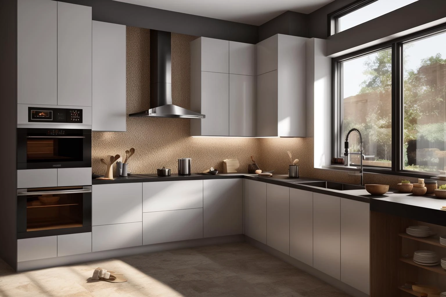 interior, a kitchen with a table and chairs and a wine rack in the middle of the room with a window, Dahlov Ipcar, vray render, a 3D render, photorealism
interior, food, indoors, no humans, window, chair, table, plant, scenery, plate, shelf, kitchen, frying pan, sink, stove
Dive into the ultra-detailed 8k masterpiece, carefully crafted with photorealistic precision of 1.37 ratio, all in the essence of Nayuta Nordic Modern Interior Design. Art form: Photography. Inspired by the techniques of Annie Leibovitz, the kitchen showcases professional lighting, a scenery where the play of radiosity brightens the room. A stove with a frying pan, a gleaming refrigerator beside tiles and cabinet, a sink with a faucet overlooking a tile wall. On the shelf, there's a spatula, a chair nearby with a plant and some food in a jar. Lens: 35mm. The room basks in a warm color temperature. Perfectly illuminated with ray tracing and the best shadows using physically-based rendering <lora:add_detail:0.5> <lora:more_details:0.5> <lora:interior01_SDLife_Chiasedamme_v1.0:0.6>