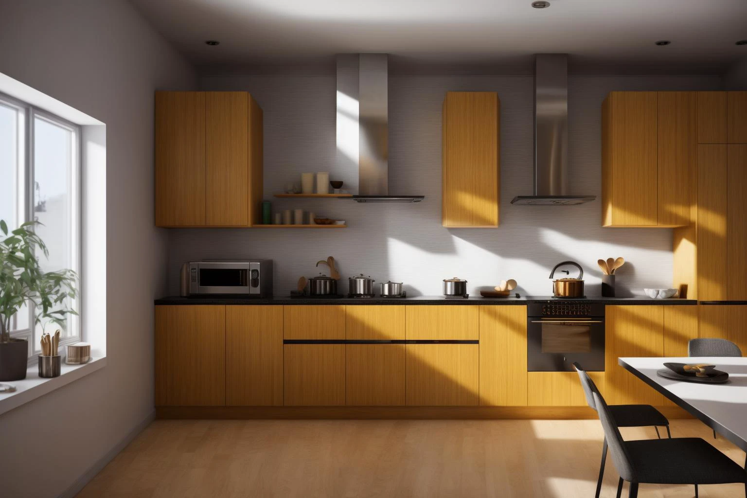 interior, a kitchen with a table and chairs and a wine rack in the middle of the room with a window, Dahlov Ipcar, vray render, a 3D render, photorealism
interior, food, indoors, no humans, window, chair, table, plant, scenery, plate, shelf, kitchen, frying pan, sink, stove
Dive into the ultra-detailed 8k masterpiece, carefully crafted with photorealistic precision of 1.37 ratio, all in the essence of Nayuta Nordic Modern Interior Design. Art form: Photography. Inspired by the techniques of Annie Leibovitz, the kitchen showcases professional lighting, a scenery where the play of radiosity brightens the room. A stove with a frying pan, a gleaming refrigerator beside tiles and cabinet, a sink with a faucet overlooking a tile wall. On the shelf, there's a spatula, a chair nearby with a plant and some food in a jar. Lens: 35mm. The room basks in a warm color temperature. Perfectly illuminated with ray tracing and the best shadows using physically-based rendering <lora:add_detail:0.5> <lora:more_details:0.5> <lora:interior01_SDLife_Chiasedamme_v1.0:0.6>