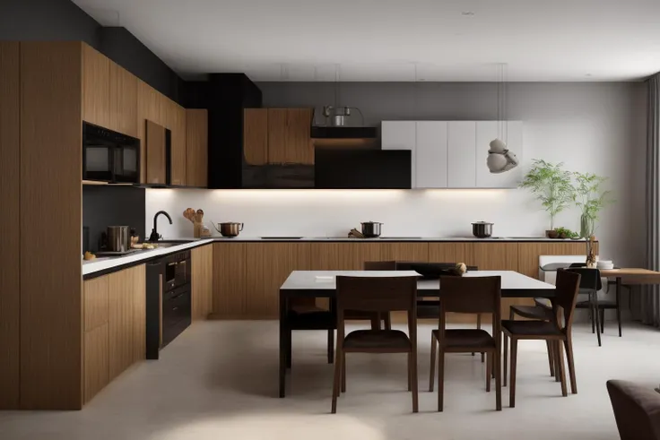 interior, a kitchen with a table and chairs and a wine rack in the middle of the room with a window, Dahlov Ipcar, vray render, a 3D render, photorealism
interior, food, indoors, no humans, window, chair, table, plant, scenery, plate, shelf, kitchen, frying pan, sink, stove
Dive into the ultra-detailed 8k masterpiece, carefully crafted with photorealistic precision of 1.37 ratio, all in the essence of Nayuta Nordic Modern Interior Design. Art form: Photography. Inspired by the techniques of Annie Leibovitz, the kitchen showcases professional lighting, a scenery where the play of radiosity brightens the room. A stove with a frying pan, a gleaming refrigerator beside tiles and cabinet, a sink with a faucet overlooking a tile wall. On the shelf, there's a spatula, a chair nearby with a plant and some food in a jar. Lens: 35mm. The room basks in a warm color temperature. Perfectly illuminated with ray tracing and the best shadows using physically-based rendering <lora:add_detail:0.5> <lora:more_details:0.5> <lora:interior01_SDLife_Chiasedamme_v1.0:0.6>