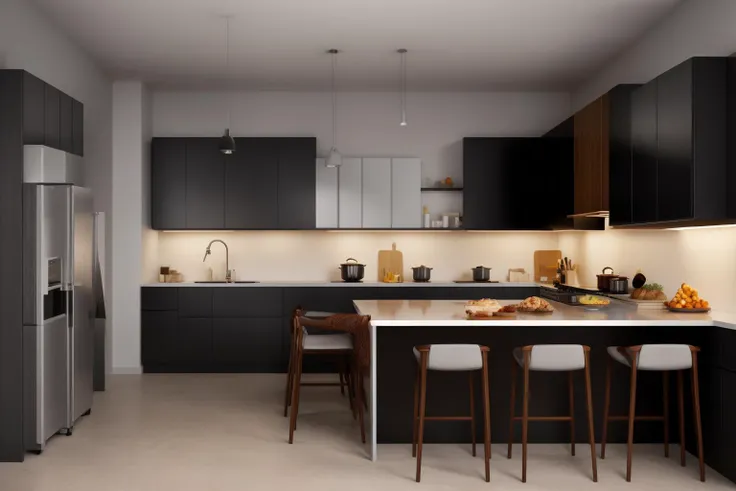 interior, a kitchen with a table and chairs and a wine rack in the middle of the room with a window, Dahlov Ipcar, vray render, a 3D render, photorealism
interior, food, indoors, no humans, window, chair, table, plant, scenery, plate, shelf, kitchen, frying pan, sink, stove
Dive into the ultra-detailed 8k masterpiece, carefully crafted with photorealistic precision of 1.37 ratio, all in the essence of Nayuta Nordic Modern Interior Design. Art form: Photography. Inspired by the techniques of Annie Leibovitz, the kitchen showcases professional lighting, a scenery where the play of radiosity brightens the room. A stove with a frying pan, a gleaming refrigerator beside tiles and cabinet, a sink with a faucet overlooking a tile wall. On the shelf, there's a spatula, a chair nearby with a plant and some food in a jar. Lens: 35mm. The room basks in a warm color temperature. Perfectly illuminated with ray tracing and the best shadows using physically-based rendering <lora:add_detail:0.5> <lora:more_details:0.5> <lora:interior01_SDLife_Chiasedamme_v1.0:0.6>
