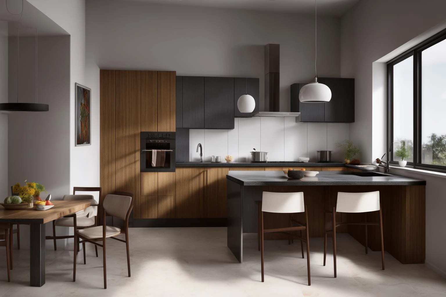 interior, a kitchen with a table and chairs and a wine rack in the middle of the room with a window, Dahlov Ipcar, vray render, a 3D render, photorealism
interior, food, indoors, no humans, window, chair, table, plant, scenery, plate, shelf, kitchen, frying pan, sink, stove
Dive into the ultra-detailed 8k masterpiece, carefully crafted with photorealistic precision of 1.37 ratio, all in the essence of Nayuta Nordic Modern Interior Design. Art form: Photography. Inspired by the techniques of Annie Leibovitz, the kitchen showcases professional lighting, a scenery where the play of radiosity brightens the room. A stove with a frying pan, a gleaming refrigerator beside tiles and cabinet, a sink with a faucet overlooking a tile wall. On the shelf, there's a spatula, a chair nearby with a plant and some food in a jar. Lens: 35mm. The room basks in a warm color temperature. Perfectly illuminated with ray tracing and the best shadows using physically-based rendering <lora:add_detail:0.5> <lora:more_details:0.5> <lora:interior01_SDLife_Chiasedamme_v1.0:0.6>