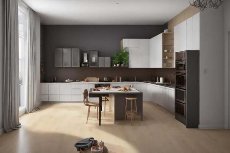 interior, a kitchen with a table and chairs and a wine rack in the middle of the room with a window, Dahlov Ipcar, vray render, a 3D render, photorealism
interior, food, indoors, no humans, window, chair, table, plant, scenery, plate, shelf, kitchen, frying pan, sink, stove
Dive into the ultra-detailed 8k masterpiece, carefully crafted with photorealistic precision of 1.37 ratio, all in the essence of Nayuta Nordic Modern Interior Design. Art form: Photography. Inspired by the techniques of Annie Leibovitz, the kitchen showcases professional lighting, a scenery where the play of radiosity brightens the room. A stove with a frying pan, a gleaming refrigerator beside tiles and cabinet, a sink with a faucet overlooking a tile wall. On the shelf, there's a spatula, a chair nearby with a plant and some food in a jar. Lens: 35mm. The room basks in a warm color temperature. Perfectly illuminated with ray tracing and the best shadows using physically-based rendering <lora:add_detail:0.5> <lora:more_details:0.5> <lora:interior01_SDLife_Chiasedamme_v1.0:0.6>