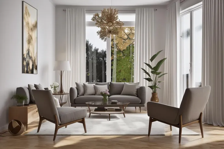 interior, a living room with a couch, chair, table and windows with curtains on them and a chandelier hanging from the ceiling, Enguerrand Quarton, vray render, a digital rendering, photorealism
interior, flower, indoors, tree, no humans, window, chair, table, plant, curtains, scenery, couch, wooden floor, vase
Step into the realms of an 8k masterpiece wallpaper, a nexus of ultra-detail, high resolution, and impeccable shadow play. Rendered in digital illustration, it bears a semblance to the works of Yoko Honda. Set against the backdrop of a Nayuta Nordic Modern Interior Design room, the scene features a chair, a vase flaunting a white flower, a table, swaying curtains, a luxurious couch, a lamp placed near a window, a cup, a spread-out book, and a vibrant plant. The color temperature bathes the room in golden hues, adding to its charm. In the absence of humans, the setting resonates with profound stillness. Ray tracing, photon mapping, and radiosity merge seamlessly with professional lighting to create an ethereal atmosphere <lora:interior02_SDLife_Chiasedamme_v2.0:0.8>