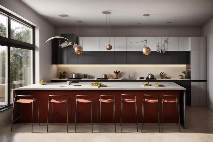 interior, a kitchen with a table and chairs and a wine rack in the middle of the room with a window, Dahlov Ipcar, vray render, a 3D render, photorealism
interior, food, indoors, no humans, window, chair, table, plant, scenery, plate, shelf, kitchen, frying pan, sink, stove
Dive into the ultra-detailed 8k masterpiece, carefully crafted with photorealistic precision of 1.37 ratio, all in the essence of Nayuta Nordic Modern Interior Design. Art form: Photography. Inspired by the techniques of Annie Leibovitz, the kitchen showcases professional lighting, a scenery where the play of radiosity brightens the room. A stove with a frying pan, a gleaming refrigerator beside tiles and cabinet, a sink with a faucet overlooking a tile wall. On the shelf, there's a spatula, a chair nearby with a plant and some food in a jar. Lens: 35mm. The room basks in a warm color temperature. Perfectly illuminated with ray tracing and the best shadows using physically-based rendering <lora:add_detail:0.5> <lora:more_details:0.5> <lora:interior02_SDLife_Chiasedamme_v2.0:0.6>