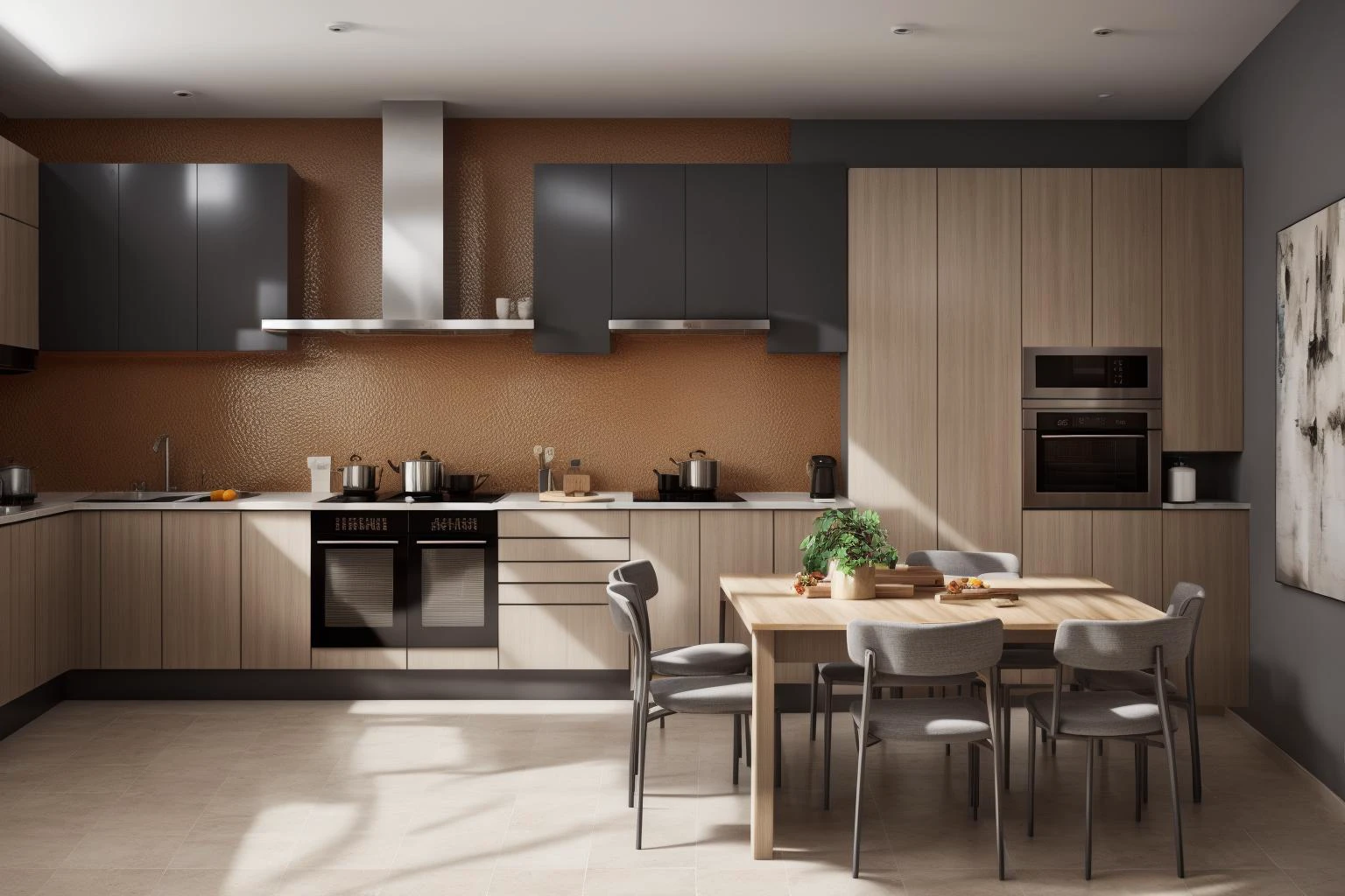 interior, a kitchen with a table and chairs and a wine rack in the middle of the room with a window, Dahlov Ipcar, vray render, a 3D render, photorealism
interior, food, indoors, no humans, window, chair, table, plant, scenery, plate, shelf, kitchen, frying pan, sink, stove
Dive into the ultra-detailed 8k masterpiece, carefully crafted with photorealistic precision of 1.37 ratio, all in the essence of Nayuta Nordic Modern Interior Design. Art form: Photography. Inspired by the techniques of Annie Leibovitz, the kitchen showcases professional lighting, a scenery where the play of radiosity brightens the room. A stove with a frying pan, a gleaming refrigerator beside tiles and cabinet, a sink with a faucet overlooking a tile wall. On the shelf, there's a spatula, a chair nearby with a plant and some food in a jar. Lens: 35mm. The room basks in a warm color temperature. Perfectly illuminated with ray tracing and the best shadows using physically-based rendering <lora:add_detail:0.5> <lora:more_details:0.5> <lora:interior02_SDLife_Chiasedamme_v2.0:0.6>