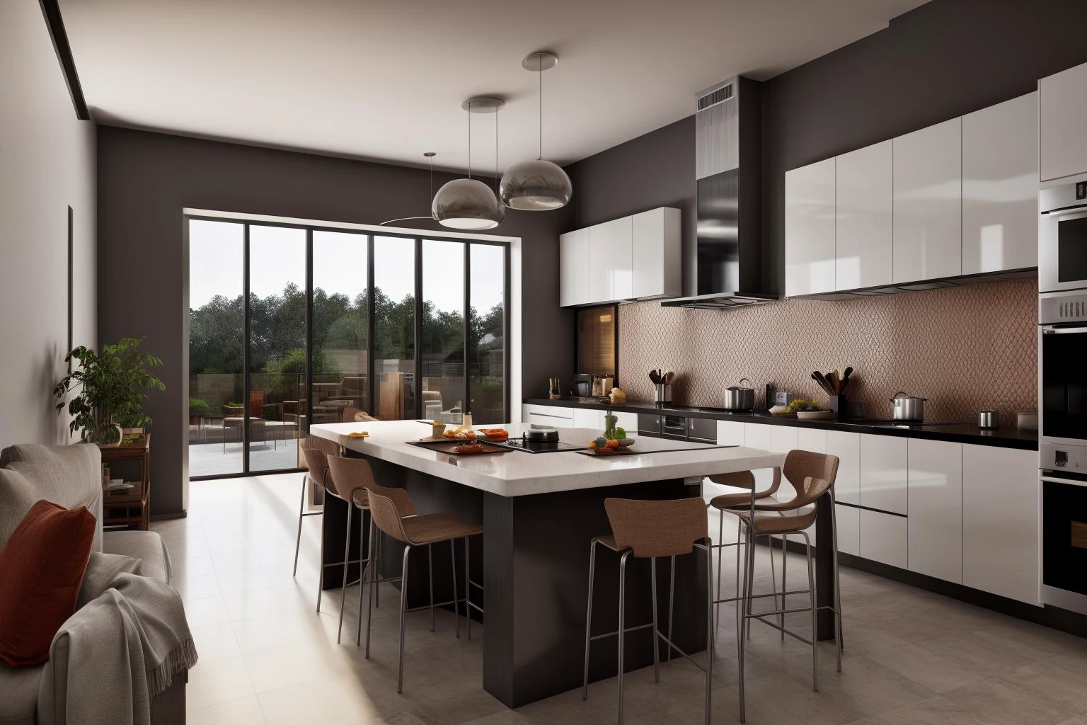 interior, a kitchen with a table and chairs and a wine rack in the middle of the room with a window, Dahlov Ipcar, vray render, a 3D render, photorealism
interior, food, indoors, no humans, window, chair, table, plant, scenery, plate, shelf, kitchen, frying pan, sink, stove
Dive into the ultra-detailed 8k masterpiece, carefully crafted with photorealistic precision of 1.37 ratio, all in the essence of Nayuta Nordic Modern Interior Design. Art form: Photography. Inspired by the techniques of Annie Leibovitz, the kitchen showcases professional lighting, a scenery where the play of radiosity brightens the room. A stove with a frying pan, a gleaming refrigerator beside tiles and cabinet, a sink with a faucet overlooking a tile wall. On the shelf, there's a spatula, a chair nearby with a plant and some food in a jar. Lens: 35mm. The room basks in a warm color temperature. Perfectly illuminated with ray tracing and the best shadows using physically-based rendering <lora:add_detail:0.5> <lora:more_details:0.5> <lora:interior02_SDLife_Chiasedamme_v2.0:0.6>