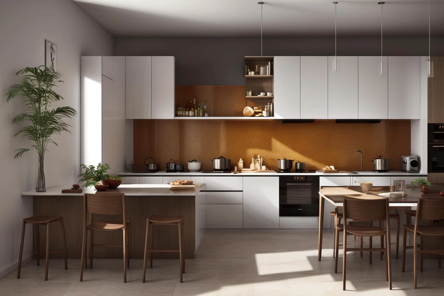 interior, a kitchen with a table and chairs and a wine rack in the middle of the room with a window, Dahlov Ipcar, vray render, a 3D render, photorealism
interior, food, indoors, no humans, window, chair, table, plant, scenery, plate, shelf, kitchen, frying pan, sink, stove
Dive into the ultra-detailed 8k masterpiece, carefully crafted with photorealistic precision of 1.37 ratio, all in the essence of Nayuta Nordic Modern Interior Design. Art form: Photography. Inspired by the techniques of Annie Leibovitz, the kitchen showcases professional lighting, a scenery where the play of radiosity brightens the room. A stove with a frying pan, a gleaming refrigerator beside tiles and cabinet, a sink with a faucet overlooking a tile wall. On the shelf, there's a spatula, a chair nearby with a plant and some food in a jar. Lens: 35mm. The room basks in a warm color temperature. Perfectly illuminated with ray tracing and the best shadows using physically-based rendering <lora:add_detail:0.5> <lora:more_details:0.5> <lora:interior02_SDLife_Chiasedamme_v2.0:0.6>