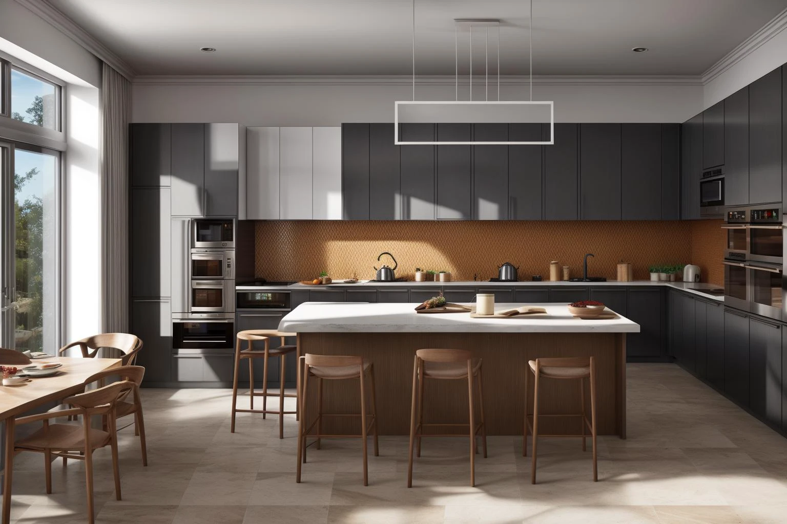 interior, a kitchen with a table and chairs and a wine rack in the middle of the room with a window, Dahlov Ipcar, vray render, a 3D render, photorealism
interior, food, indoors, no humans, window, chair, table, plant, scenery, plate, shelf, kitchen, frying pan, sink, stove
Dive into the ultra-detailed 8k masterpiece, carefully crafted with photorealistic precision of 1.37 ratio, all in the essence of Nayuta Nordic Modern Interior Design. Art form: Photography. Inspired by the techniques of Annie Leibovitz, the kitchen showcases professional lighting, a scenery where the play of radiosity brightens the room. A stove with a frying pan, a gleaming refrigerator beside tiles and cabinet, a sink with a faucet overlooking a tile wall. On the shelf, there's a spatula, a chair nearby with a plant and some food in a jar. Lens: 35mm. The room basks in a warm color temperature. Perfectly illuminated with ray tracing and the best shadows using physically-based rendering <lora:add_detail:0.5> <lora:more_details:0.5> <lora:interior02_SDLife_Chiasedamme_v2.0:0.6>