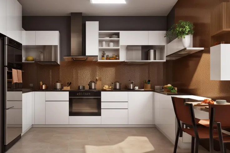 interior, a kitchen with a table and chairs and a wine rack in the middle of the room with a window, Dahlov Ipcar, vray render, a 3D render, photorealism
interior, food, indoors, no humans, window, chair, table, plant, scenery, plate, shelf, kitchen, frying pan, sink, stove
Dive into the ultra-detailed 8k masterpiece, carefully crafted with photorealistic precision of 1.37 ratio, all in the essence of Nayuta Nordic Modern Interior Design. Art form: Photography. Inspired by the techniques of Annie Leibovitz, the kitchen showcases professional lighting, a scenery where the play of radiosity brightens the room. A stove with a frying pan, a gleaming refrigerator beside tiles and cabinet, a sink with a faucet overlooking a tile wall. On the shelf, there's a spatula, a chair nearby with a plant and some food in a jar. Lens: 35mm. The room basks in a warm color temperature. Perfectly illuminated with ray tracing and the best shadows using physically-based rendering <lora:add_detail:0.5> <lora:more_details:0.5>   <lora:interior02_SDLife_Chiasedamme_v2.0:0.6>