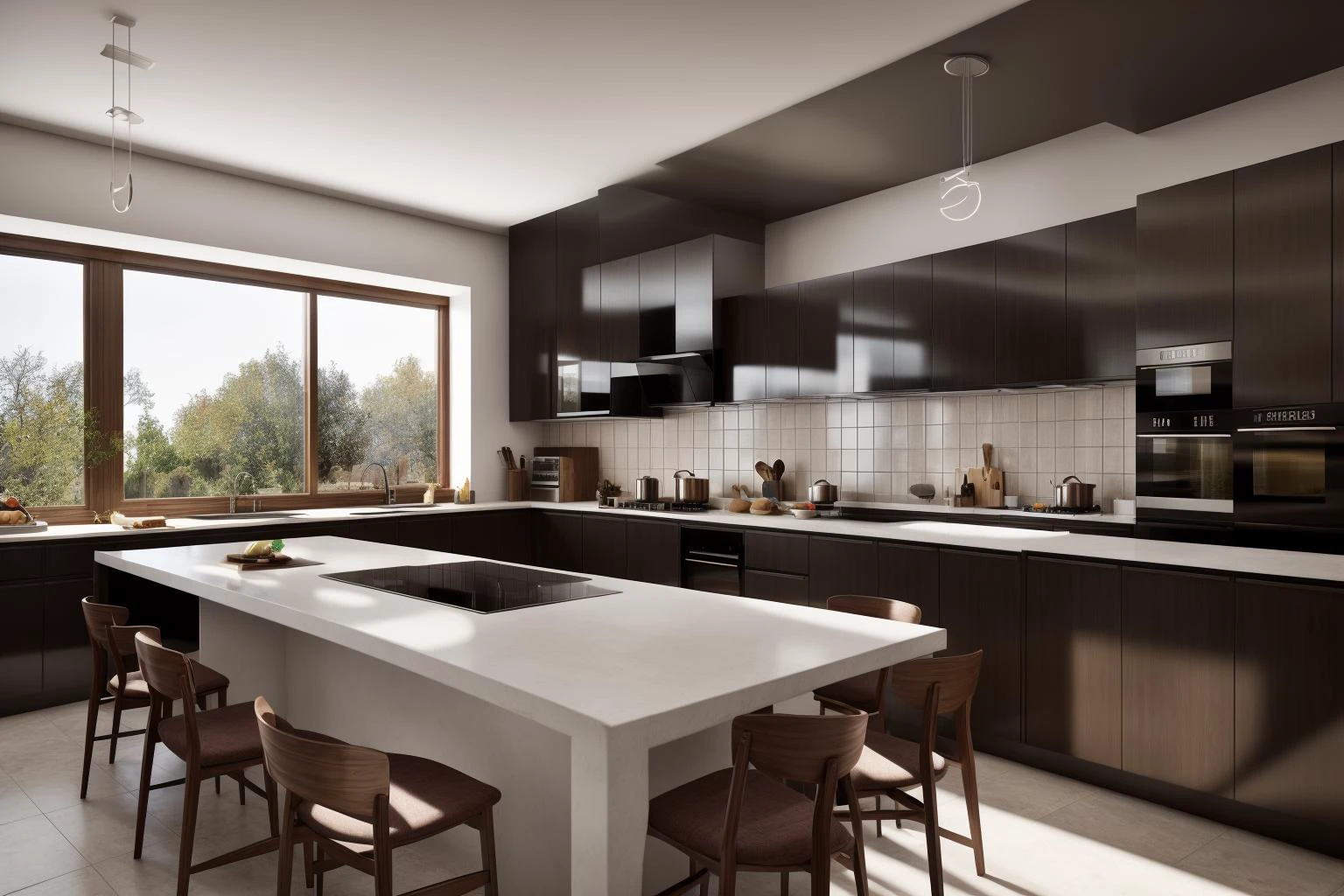 interior, a kitchen with a table and chairs and a wine rack in the middle of the room with a window, Dahlov Ipcar, vray render, a 3D render, photorealism
interior, food, indoors, no humans, window, chair, table, plant, scenery, plate, shelf, kitchen, frying pan, sink, stove
Dive into the ultra-detailed 8k masterpiece, carefully crafted with photorealistic precision of 1.37 ratio, all in the essence of Nayuta Nordic Modern Interior Design. Art form: Photography. Inspired by the techniques of Annie Leibovitz, the kitchen showcases professional lighting, a scenery where the play of radiosity brightens the room. A stove with a frying pan, a gleaming refrigerator beside tiles and cabinet, a sink with a faucet overlooking a tile wall. On the shelf, there's a spatula, a chair nearby with a plant and some food in a jar. Lens: 35mm. The room basks in a warm color temperature. Perfectly illuminated with ray tracing and the best shadows using physically-based rendering <lora:add_detail:0.5> <lora:more_details:0.5> <lora:interior02_SDLife_Chiasedamme_v2.0:0.6>