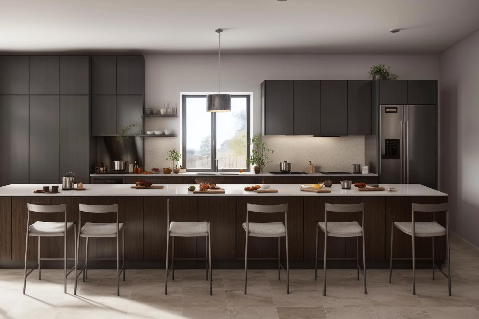 interior, a kitchen with a table and chairs and a wine rack in the middle of the room with a window, Dahlov Ipcar, vray render, a 3D render, photorealism
interior, food, indoors, no humans, window, chair, table, plant, scenery, plate, shelf, kitchen, frying pan, sink, stove
Dive into the ultra-detailed 8k masterpiece, carefully crafted with photorealistic precision of 1.37 ratio, all in the essence of Nayuta Nordic Modern Interior Design. Art form: Photography. Inspired by the techniques of Annie Leibovitz, the kitchen showcases professional lighting, a scenery where the play of radiosity brightens the room. A stove with a frying pan, a gleaming refrigerator beside tiles and cabinet, a sink with a faucet overlooking a tile wall. On the shelf, there's a spatula, a chair nearby with a plant and some food in a jar. Lens: 35mm. The room basks in a warm color temperature. Perfectly illuminated with ray tracing and the best shadows using physically-based rendering <lora:add_detail:0.5> <lora:more_details:0.5> <lora:interior02_SDLife_Chiasedamme_v2.0:0.6>