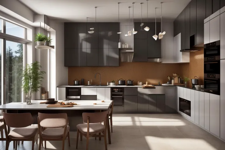 interior, a kitchen with a table and chairs and a wine rack in the middle of the room with a window, Dahlov Ipcar, vray render, a 3D render, photorealism
interior, food, indoors, no humans, window, chair, table, plant, scenery, plate, shelf, kitchen, frying pan, sink, stove
Dive into the ultra-detailed 8k masterpiece, carefully crafted with photorealistic precision of 1.37 ratio, all in the essence of Nayuta Nordic Modern Interior Design. Art form: Photography. Inspired by the techniques of Annie Leibovitz, the kitchen showcases professional lighting, a scenery where the play of radiosity brightens the room. A stove with a frying pan, a gleaming refrigerator beside tiles and cabinet, a sink with a faucet overlooking a tile wall. On the shelf, there's a spatula, a chair nearby with a plant and some food in a jar. Lens: 35mm. The room basks in a warm color temperature. Perfectly illuminated with ray tracing and the best shadows using physically-based rendering <lora:add_detail:0.5> <lora:more_details:0.5> <lora:interior02_SDLife_Chiasedamme_v2.0:0.6>