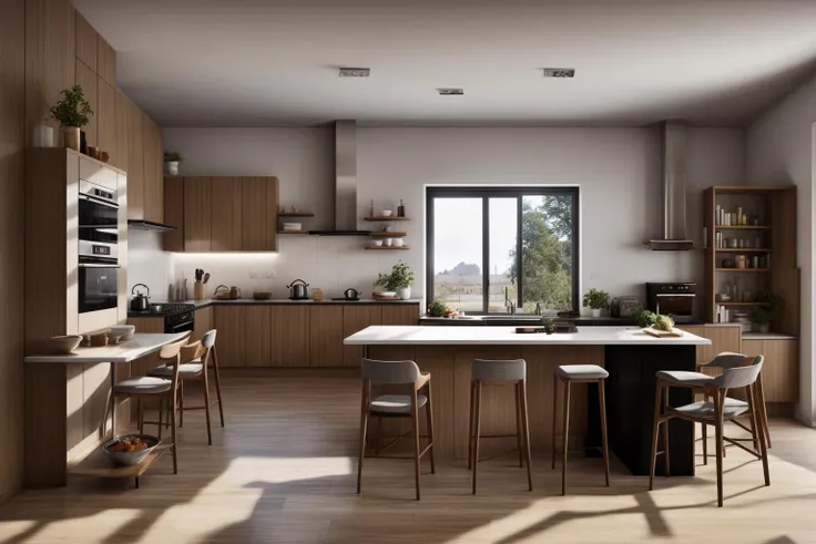 interior, a kitchen with a table and chairs and a wine rack in the middle of the room with a window, Dahlov Ipcar, vray render, a 3D render, photorealism
interior, food, indoors, no humans, window, chair, table, plant, scenery, plate, shelf, kitchen, frying pan, sink, stove
Dive into the ultra-detailed 8k masterpiece, carefully crafted with photorealistic precision of 1.37 ratio, all in the essence of Nayuta Nordic Modern Interior Design. Art form: Photography. Inspired by the techniques of Annie Leibovitz, the kitchen showcases professional lighting, a scenery where the play of radiosity brightens the room. A stove with a frying pan, a gleaming refrigerator beside tiles and cabinet, a sink with a faucet overlooking a tile wall. On the shelf, there's a spatula, a chair nearby with a plant and some food in a jar. Lens: 35mm. The room basks in a warm color temperature. Perfectly illuminated with ray tracing and the best shadows using physically-based rendering <lora:add_detail:0.5> <lora:more_details:0.5> <lora:interior02_SDLife_Chiasedamme_v2.0:0.6>
