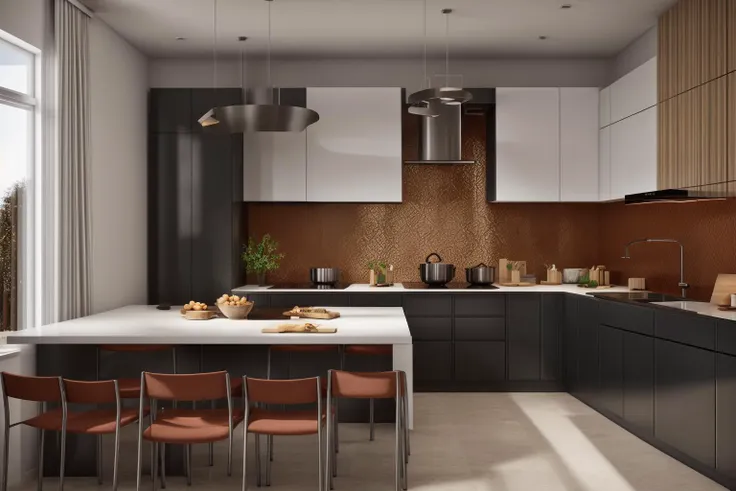 interior, a kitchen with a table and chairs and a wine rack in the middle of the room with a window, Dahlov Ipcar, vray render, a 3D render, photorealism
interior, food, indoors, no humans, window, chair, table, plant, scenery, plate, shelf, kitchen, frying pan, sink, stove
Dive into the ultra-detailed 8k masterpiece, carefully crafted with photorealistic precision of 1.37 ratio, all in the essence of Nayuta Nordic Modern Interior Design. Art form: Photography. Inspired by the techniques of Annie Leibovitz, the kitchen showcases professional lighting, a scenery where the play of radiosity brightens the room. A stove with a frying pan, a gleaming refrigerator beside tiles and cabinet, a sink with a faucet overlooking a tile wall. On the shelf, there's a spatula, a chair nearby with a plant and some food in a jar. Lens: 35mm. The room basks in a warm color temperature. Perfectly illuminated with ray tracing and the best shadows using physically-based rendering <lora:add_detail:0.5> <lora:more_details:0.5>   <lora:interior02_SDLife_Chiasedamme_v2.0:0.6>
