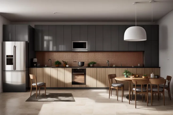 interior, a kitchen with a table and chairs and a wine rack in the middle of the room with a window, Dahlov Ipcar, vray render, a 3D render, photorealism
interior, food, indoors, no humans, window, chair, table, plant, scenery, plate, shelf, kitchen, frying pan, sink, stove
Dive into the ultra-detailed 8k masterpiece, carefully crafted with photorealistic precision of 1.37 ratio, all in the essence of Nayuta Nordic Modern Interior Design. Art form: Photography. Inspired by the techniques of Annie Leibovitz, the kitchen showcases professional lighting, a scenery where the play of radiosity brightens the room. A stove with a frying pan, a gleaming refrigerator beside tiles and cabinet, a sink with a faucet overlooking a tile wall. On the shelf, there's a spatula, a chair nearby with a plant and some food in a jar. Lens: 35mm. The room basks in a warm color temperature. Perfectly illuminated with ray tracing and the best shadows using physically-based rendering <lora:add_detail:0.5> <lora:more_details:0.5> <lora:interior02_SDLife_Chiasedamme_v2.0:0.6>