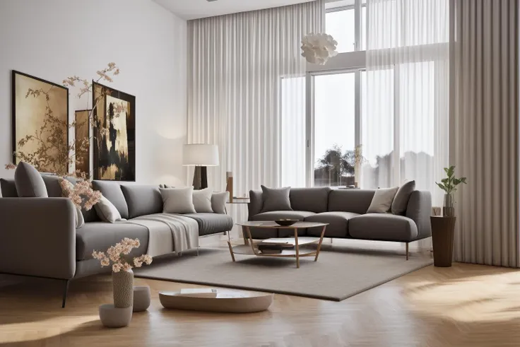 interior, a living room with a couch, chair, table and windows with curtains on them and a chandelier hanging from the ceiling, Enguerrand Quarton, vray render, a digital rendering, photorealism
interior, flower, indoors, tree, no humans, window, chair, table, plant, curtains, scenery, couch, wooden floor, vase
Step into the realms of an 8k masterpiece wallpaper, a nexus of ultra-detail, high resolution, and impeccable shadow play. Rendered in digital illustration, it bears a semblance to the works of Yoko Honda. Set against the backdrop of a Nayuta Nordic Modern Interior Design room, the scene features a chair, a vase flaunting a white flower, a table, swaying curtains, a luxurious couch, a lamp placed near a window, a cup, a spread-out book, and a vibrant plant. The color temperature bathes the room in golden hues, adding to its charm. In the absence of humans, the setting resonates with profound stillness. Ray tracing, photon mapping, and radiosity merge seamlessly with professional lighting to create an ethereal atmosphere  <lora:interior02_SDLife_Chiasedamme_v2.0:0.8>