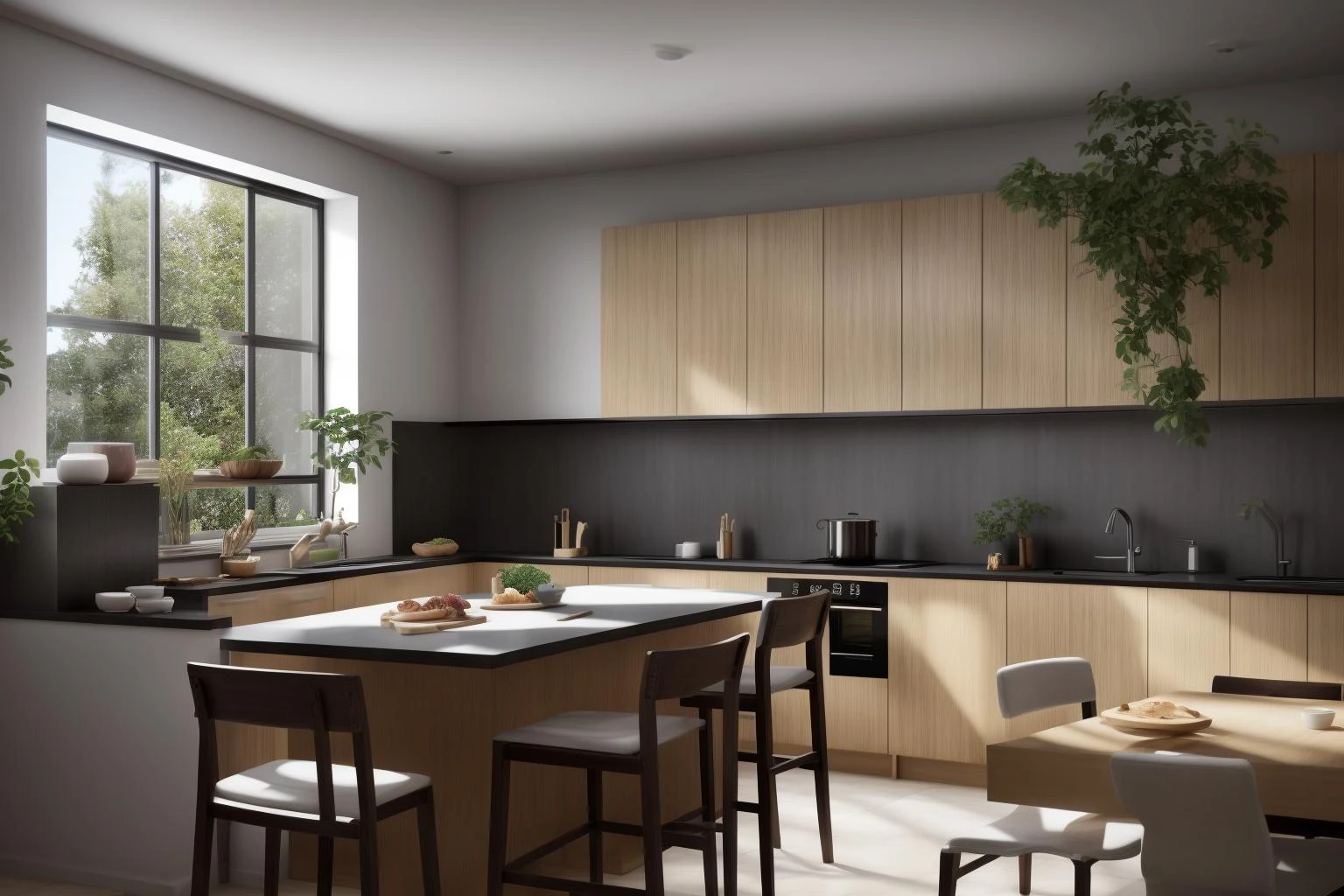 interior, a kitchen with a table and chairs and a wine rack in the middle of the room with a window, Dahlov Ipcar, vray render, a 3D render, photorealism
interior, food, indoors, no humans, window, chair, table, plant, scenery, plate, shelf, kitchen, frying pan, sink, stove
Dive into the ultra-detailed 8k masterpiece, carefully crafted with photorealistic precision of 1.37 ratio, all in the essence of Nayuta Nordic Modern Interior Design. Art form: Photography. Inspired by the techniques of Annie Leibovitz, the kitchen showcases professional lighting, a scenery where the play of radiosity brightens the room. A stove with a frying pan, a gleaming refrigerator beside tiles and cabinet, a sink with a faucet overlooking a tile wall. On the shelf, there's a spatula, a chair nearby with a plant and some food in a jar. Lens: 35mm. The room basks in a warm color temperature. Perfectly illuminated with ray tracing and the best shadows using physically-based rendering <lora:add_detail:0.5> <lora:more_details:0.5> <lora:interior01_SDLife_Chiasedamme_v1.0:0.6>