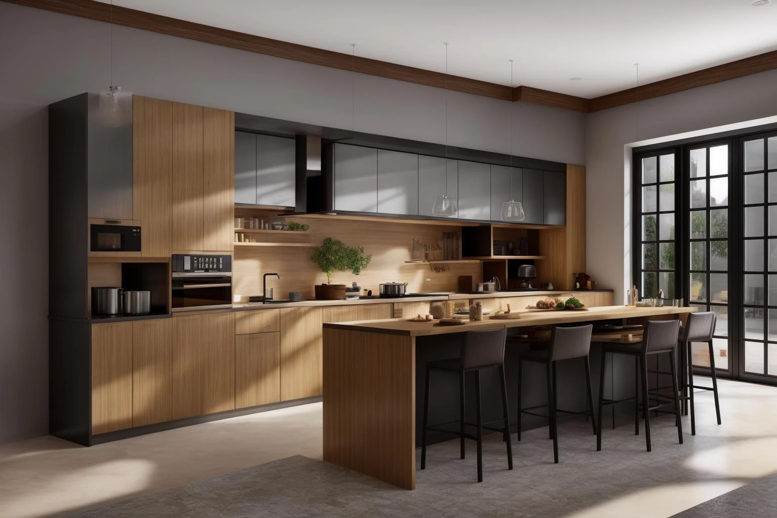 interior, a kitchen with a table and chairs and a wine rack in the middle of the room with a window, Dahlov Ipcar, vray render, a 3D render, photorealism
interior, food, indoors, no humans, window, chair, table, plant, scenery, plate, shelf, kitchen, frying pan, sink, stove
Dive into the ultra-detailed 8k masterpiece, carefully crafted with photorealistic precision of 1.37 ratio, all in the essence of Nayuta Nordic Modern Interior Design. Art form: Photography. Inspired by the techniques of Annie Leibovitz, the kitchen showcases professional lighting, a scenery where the play of radiosity brightens the room. A stove with a frying pan, a gleaming refrigerator beside tiles and cabinet, a sink with a faucet overlooking a tile wall. On the shelf, there's a spatula, a chair nearby with a plant and some food in a jar. Lens: 35mm. The room basks in a warm color temperature. Perfectly illuminated with ray tracing and the best shadows using physically-based rendering <lora:add_detail:0.5> <lora:more_details:0.5> <lora:interior01_SDLife_Chiasedamme_v1.0:0.6>