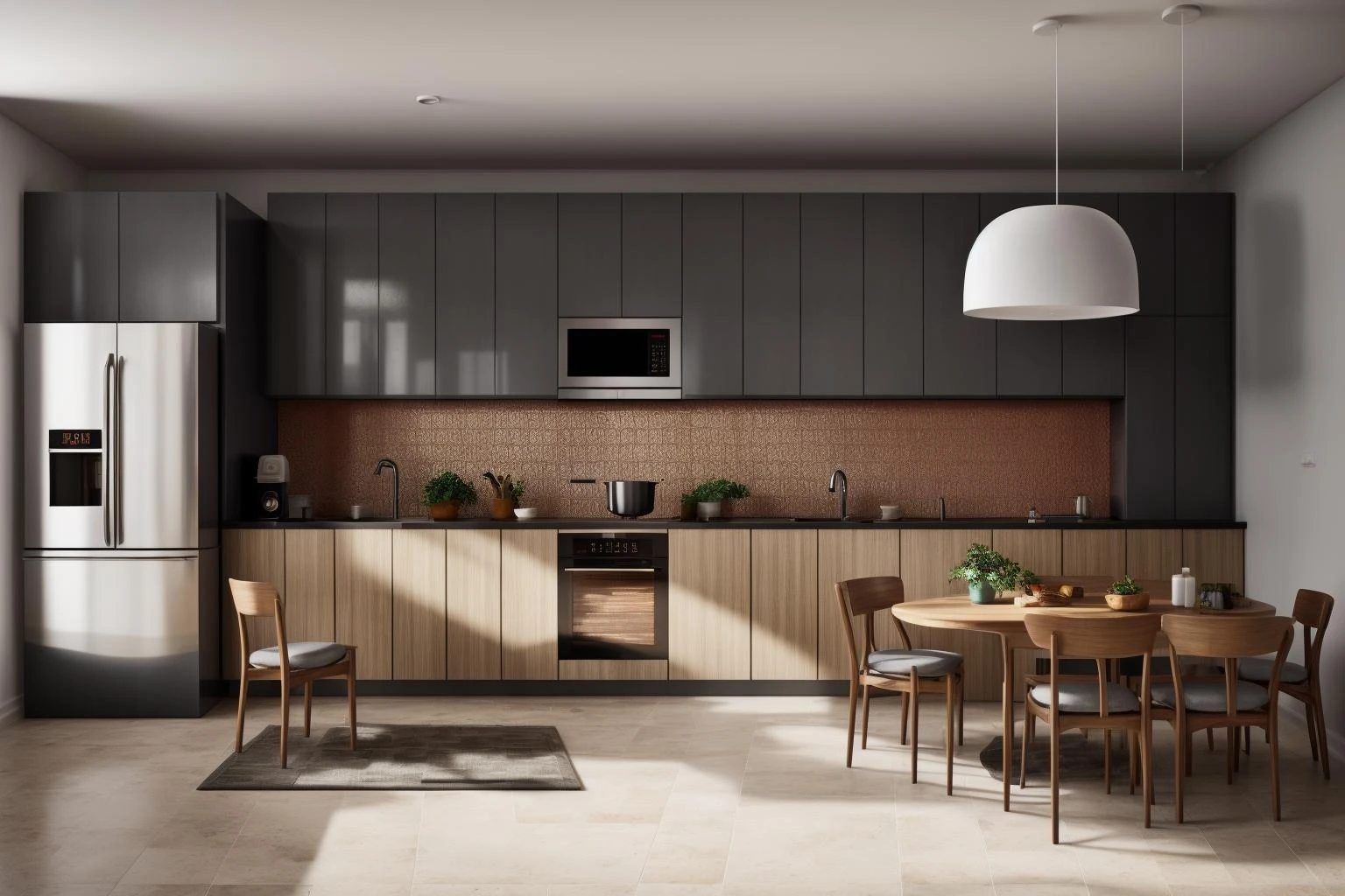 interior, a kitchen with a table and chairs and a wine rack in the middle of the room with a window, Dahlov Ipcar, vray render, a 3D render, photorealism
interior, food, indoors, no humans, window, chair, table, plant, scenery, plate, shelf, kitchen, frying pan, sink, stove
Dive into the ultra-detailed 8k masterpiece, carefully crafted with photorealistic precision of 1.37 ratio, all in the essence of Nayuta Nordic Modern Interior Design. Art form: Photography. Inspired by the techniques of Annie Leibovitz, the kitchen showcases professional lighting, a scenery where the play of radiosity brightens the room. A stove with a frying pan, a gleaming refrigerator beside tiles and cabinet, a sink with a faucet overlooking a tile wall. On the shelf, there's a spatula, a chair nearby with a plant and some food in a jar. Lens: 35mm. The room basks in a warm color temperature. Perfectly illuminated with ray tracing and the best shadows using physically-based rendering <lora:add_detail:0.5> <lora:more_details:0.5> <lora:interior02_SDLife_Chiasedamme_v2.0:0.6>