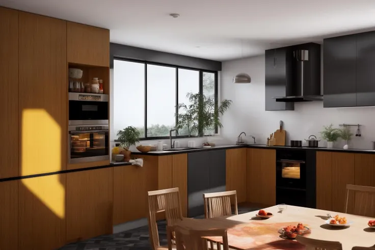 interior, a kitchen with a table and chairs and a wine rack in the middle of the room with a window, Dahlov Ipcar, vray render, a 3D render, photorealism
interior, food, indoors, no humans, window, chair, table, plant, scenery, plate, shelf, kitchen, frying pan, sink, stove
Dive into the ultra-detailed 8k masterpiece, carefully crafted with photorealistic precision of 1.37 ratio, all in the essence of Nayuta Nordic Modern Interior Design. Art form: Photography. Inspired by the techniques of Annie Leibovitz, the kitchen showcases professional lighting, a scenery where the play of radiosity brightens the room. A stove with a frying pan, a gleaming refrigerator beside tiles and cabinet, a sink with a faucet overlooking a tile wall. On the shelf, there's a spatula, a chair nearby with a plant and some food in a jar. Lens: 35mm. The room basks in a warm color temperature. Perfectly illuminated with ray tracing and the best shadows using physically-based rendering <lora:add_detail:0.5> <lora:more_details:0.5>  <lora:interior01_SDLife_Chiasedamme_v1.0:0.6>