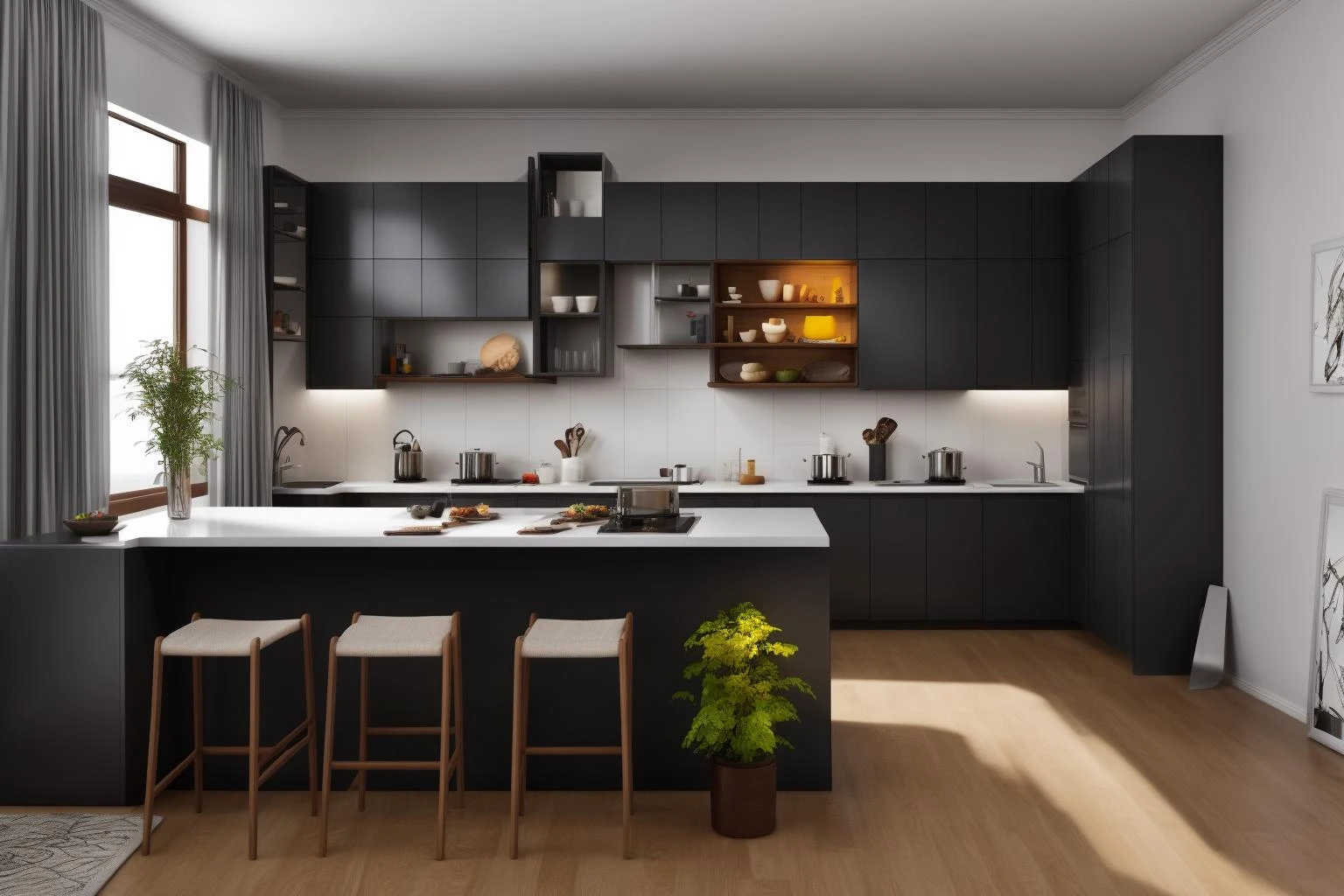 interior, a kitchen with a table and chairs and a wine rack in the middle of the room with a window, Dahlov Ipcar, vray render, a 3D render, photorealism
interior, food, indoors, no humans, window, chair, table, plant, scenery, plate, shelf, kitchen, frying pan, sink, stove
Dive into the ultra-detailed 8k masterpiece, carefully crafted with photorealistic precision of 1.37 ratio, all in the essence of Nayuta Nordic Modern Interior Design. Art form: Photography. Inspired by the techniques of Annie Leibovitz, the kitchen showcases professional lighting, a scenery where the play of radiosity brightens the room. A stove with a frying pan, a gleaming refrigerator beside tiles and cabinet, a sink with a faucet overlooking a tile wall. On the shelf, there's a spatula, a chair nearby with a plant and some food in a jar. Lens: 35mm. The room basks in a warm color temperature. Perfectly illuminated with ray tracing and the best shadows using physically-based rendering <lora:add_detail:0.5> <lora:more_details:0.5> <lora:interior01_SDLife_Chiasedamme_v1.0:0.6>