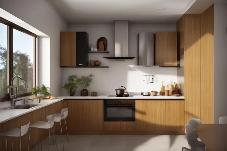 interior, a kitchen with a table and chairs and a wine rack in the middle of the room with a window, Dahlov Ipcar, vray render, a 3D render, photorealism
interior, food, indoors, no humans, window, chair, table, plant, scenery, plate, shelf, kitchen, frying pan, sink, stove
Dive into the ultra-detailed 8k masterpiece, carefully crafted with photorealistic precision of 1.37 ratio, all in the essence of Nayuta Nordic Modern Interior Design. Art form: Photography. Inspired by the techniques of Annie Leibovitz, the kitchen showcases professional lighting, a scenery where the play of radiosity brightens the room. A stove with a frying pan, a gleaming refrigerator beside tiles and cabinet, a sink with a faucet overlooking a tile wall. On the shelf, there's a spatula, a chair nearby with a plant and some food in a jar. Lens: 35mm. The room basks in a warm color temperature. Perfectly illuminated with ray tracing and the best shadows using physically-based rendering <lora:add_detail:0.5> <lora:more_details:0.5> <lora:interior01_SDLife_Chiasedamme_v1.0:0.6>