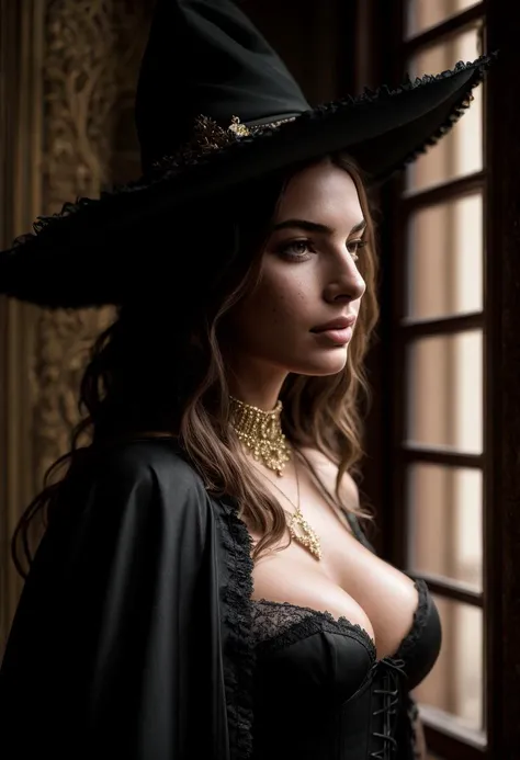 ((best quality)), ((masterpiece)), ((ultra realistic)), ((night)), (dynamic sexy pose),RAW, Analog, a beautiful witch casting a spell in a dark dungeon corridor, (Emily Ratajkowski|jennifer connoly|person), close up, freckles, highly detailed, tattered embroidered cloak, corset, cleavage, wide-brimmed witch's hat, (ornate magical staff), dynamic angle, professional, soft edge lighting, ((facial close up)), masterpiece, realistic, roughness, ultra realistic, photographed on a Canon EOS R5, 50mm lens, F/2.8, HDR, 8k resolution, highres, high detail, sharp focus, smooth, roughness, real life, photorealism, photography, 8k uhd,