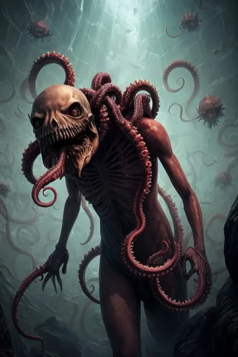 ((best quality)), ((masterpiece)), ((ultra realistic)), ((dark fantasy style)), (girl:1.3), ((nude:1.3)), sexy, (girl without eyes), beautiful intricately detailed soft oil painting, full body wrapped in tentacles, ((beautiful face without eyes)),, BREAK, towering writhing shadows, terrifying evil cthulhu with detailed gigantic monstrous tentacles, burning eyes, (body portrait:1.3), terrifying, dark, evil underwater city, air bubbles, running lava, huge tentacles with massive mouths and jaws, multiple arms, claws, red glow, giant floating skeleton horror, (glowing magic background, corrupted spiraling geometry background, cool vibrant crystalline fractures background:0.9), majestically detailed, backlit, deep shadows, enormous evil worms with millions of sharp teeth, colossal,