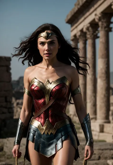 ((best quality)), ((masterpiece)), ((ultra realistic)), ((dynamic sexy action pose)), professional intricately detailed award winning glamor photograph, wonder woman searching ancient roman ruins, toned perfect body, gal gadot|(Jennifer Connelly:0.6), tanned skin, wonder woman outfit, short skirt, thigh boots, sword and shield, crumbling stone work, overgrown, soft edge lighting, highly detailed, ((close up body portrait)), professional, soft volumetric lighting, lens flares, realistic, roughness, ultra realistic, photographed on a Canon EOS R5, 50mm lens, muted colors, F/2.8, HDR, 8k resolution, highres, high detail, sharp focus, smooth, roughness, real life, photorealism, photography, 8k uhd, cinematic film still from wonder woman|(batman v superman:0.4)