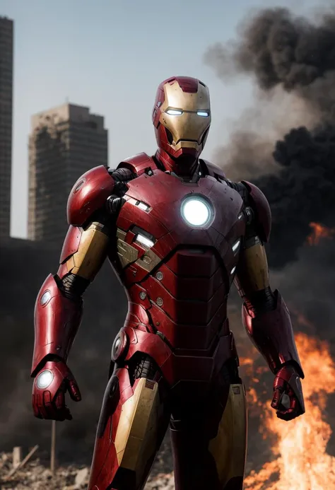 ((best quality)), ((masterpiece)), ((ultra realistic)), ((full body portrait)), professional intricately detailed award winning portfolio photograph, low angle shot, Ironman in a middle-eastern battlefield, battle scared armor, scratches, scorch marks, reflections, bullet holes, burning building in the background, rubble, highly detailed, depth of field, professional, realistic, roughness, ultra realistic, photographed on a Canon EOS R5, 50mm lens, muted colors, F/2.8, HDR, 8k resolution, highres, high detail, sharp focus, smooth, roughness, real life, photorealism, photography, 8k uhd, cinematic film still from Ironman,