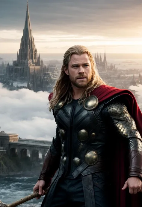 ((best quality)), ((masterpiece)), ((ultra realistic)), professional intricately detailed award winning portfolio photograph, Thor from the avengers standing on the rainbow bridge with the scifi majestic Asgard city in the background, Chris Hemsworth|(hugh jackman:0.8), windblown cape, (vast sprawling white fantasy city, white fluted spires, gold rooftops, epic domes, clear sunny sky:1.3), highly detailed, depth of field, ((close upper body portrait)), professional, realistic, roughness, ultra realistic, photographed on a Canon EOS R5, 50mm lens, muted colors, F/2.8, HDR, 8k resolution, highres, high detail, sharp focus, smooth, roughness, real life, photorealism, photography, 8k uhd, cinematic film still from the avengers|Thor,