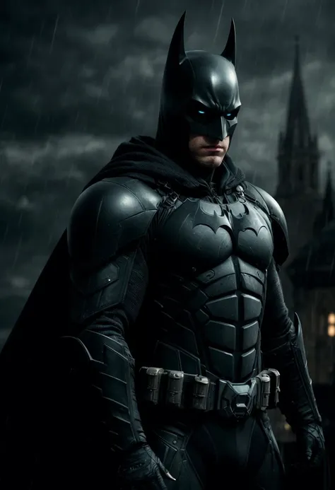 ((best quality)), ((masterpiece)), ((ultra realistic)), ((dynamic action pose)), ((gloomy night time)), professional intricately detailed award winning full body portfolio photograph, batman standing on a gothic cathedral rooftop with his black cape billowing in the wind, detailed eyes, wearing an intricately detailed advanced hi-tech armored batsuit, overlooking Gotham city, dark moody cinematic lighting, raining, reflections, glossy, highly detailed, ((close up full body portrait)), professional, realistic, roughness, ultra realistic, photographed on a Canon EOS R5, 50mm lens, muted colors, F/2.8, HDR, 8k resolution, highres, high detail, sharp focus, smooth, roughness, real life, photorealism, photography, 8k uhd, cinematic film still from (the dark knight:0.8)|(batman v superman:0.7)|(arkham knight:0.9)