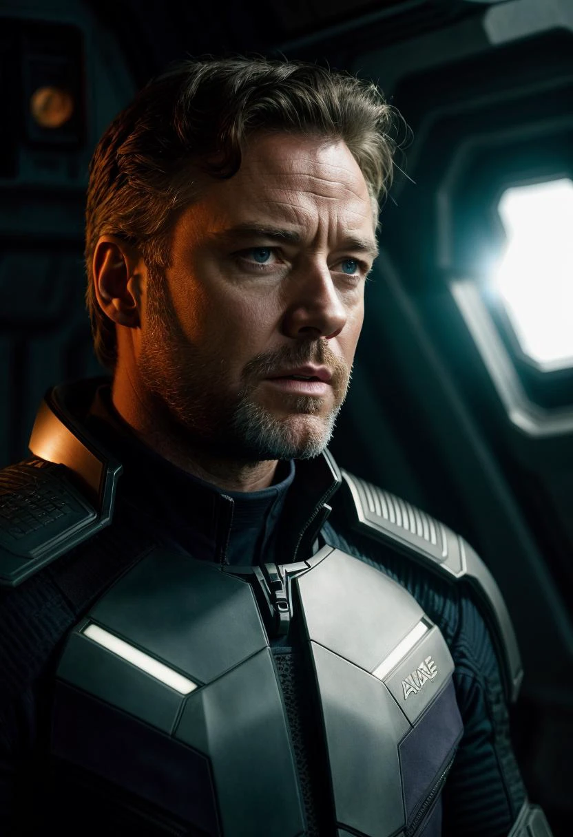professional portfolio photograph, 1man, a handsome starship captain, (Henry Cavill:0.7)|Hugh Jackman|Russell Crowe, well fitting futuristic space commander uniform, stubble, on the bridge of an advanced space faring war ship, high tech computers,, crew in the background, film grain, soft edge lighting, photographed on a Canon EOS R5, 50mm lens, F/2.8, HDR, professional, backlit, high contrast, (deep shadows:1.5), warm vibrant colors, lens flare, cinematic Film still from the expanse|(mass effect:0.6)