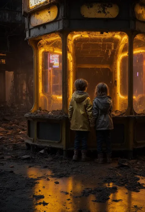 ((best quality)), ((masterpiece)), ((ultra realistic)), beautiful intricately detailed portfolio photograph, 2 children holding hands (in a dilapidated amusement park:1.2), rusted, broken, gloomy over cast rainy, rubbish, rubble, detritus, dirty cuddly toys, broken kiosk, ( mud, reflections:1.2),(everything destroyed, broken windows, wearing yellow rain coats:1.2), Ferris wheel, highly detailed, ((body portrait)), professional, 8k, uhd, soft volumetric lighting, depth of field, film grain, smooth, roughness, real life, soft warm vibrant yellow and black color palette