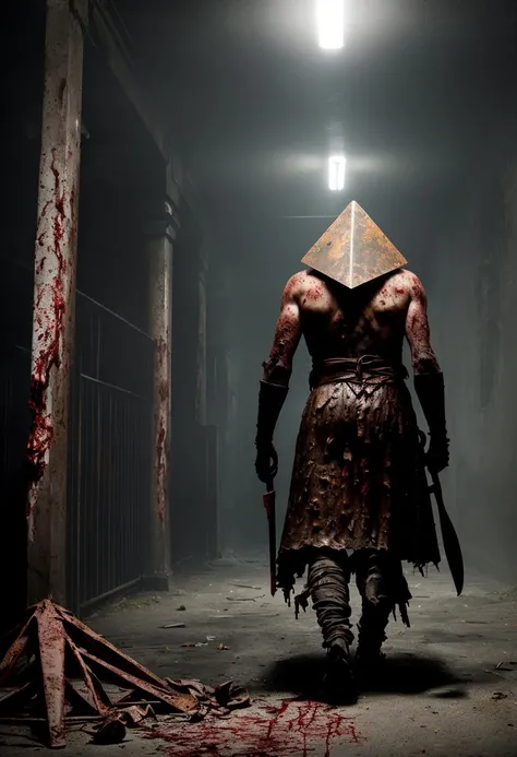 Pyramid Head, Silent Hill, the mechanical triangular pyramid head worn on the head is made of old rusty red metal and is fixed with large screws. Scary, shirtless, muscular, blood and rust, long loincloths made from many different kinds of human skin stitched together. He had a large rusty butcher knife in his hand and was dragging it across the floor. The long triangular pyramid head is made of old rusty red metal and is held in place with large screws.