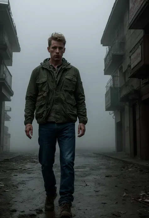 ((body portrait, body shot)), professional intricately detailed award winning glamor photograph, (29 year old man:1.1), James Sunderland from Silent Hill 2, terrified, dread, horror, walking the misty streets of Silent Hill, deathly silent ruined American town, (Wearing a (dark green jacket:1.1) and jeans, (short:1.1) messy dirty-blonde hair, stubble, grizzled, forlorn:1.3), abandoned town center, empty buildings, empty shopfronts, dark somber and gloomy atmosphere, (thick fog, volumetric mist:1.5),( rusted cars:1.2), deep shadows, highly detailed, professional, soft volumetric lighting, muted colors, realistic, roughness, ultra realistic, photographed on a Canon EOS R5, 50mm lens, muted colors, F/2.8, HDR, 8k resolution, highres, high detail, sharp focus, smooth, roughness, real life, photorealism, photography, 8k uhd
