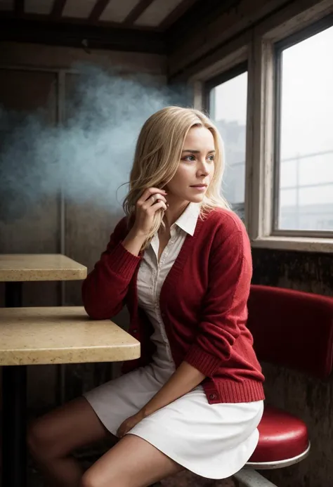 ((body shot)), professional intricately detailed award winning glamor photograph, (1girl:1.2), Lisa Garland from Silent Hill, tragic 23 year old nurse (sitting in an abandoned (dilapidated:1.1) misty (American diner:1.1):1.2), (white nurses uniform under a (red cardigan:1.1), white skirt, long (dirty-blonde:1.1) hair, sad, forlorn, worried, heart broken, desperate, resigned, haggard:1.4), ((thick volumetric haze mist everywhere:1.3), rubbish on the checkered floor, rust, dirty tables and stools, crusty countertops, broken windows:1.2), subtle sad smile, kate beckinsale|Kate Winslet, white vintage nurse hat, deep shadows, highly detailed, professional, soft volumetric lighting, muted colors, realistic, roughness, ultra realistic, photographed on a Canon EOS R5, 50mm lens, (muted colors:1.3), F/2.8, HDR, 8k resolution, highres, high detail, sharp focus, smooth, roughness, real life, photorealism, photography, 8k uhd