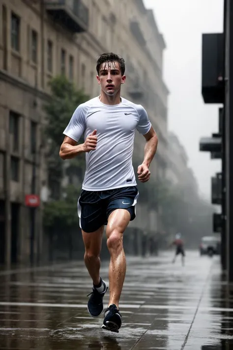 masterpiece, best quality, 1boy, athletic twunk, running on sidewalk, sport shorts, trainers, t-shirt, wet, wet clothes, rain, realistic, dramatic lighting, atmospheric, intricate detail, ((street background)),