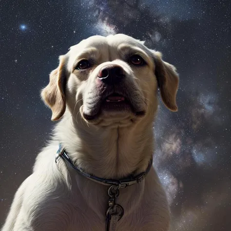 dog, flyiing in milky way,close-up