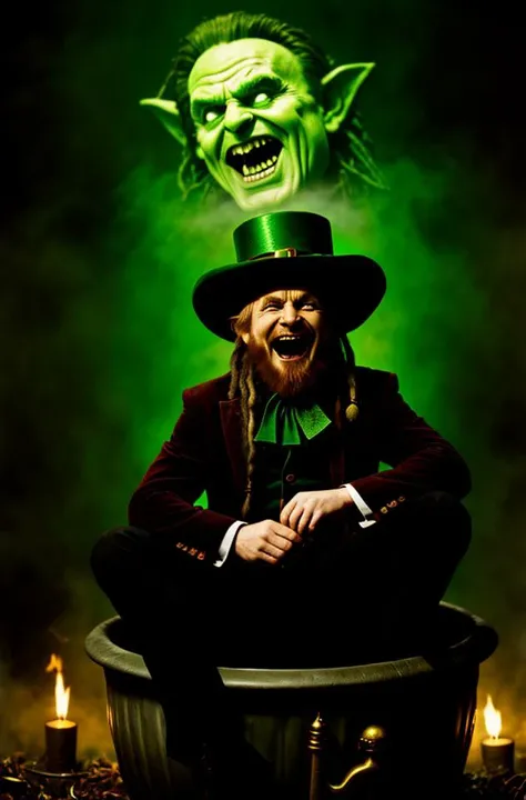 an evil leprechaun grinning while sitting atop his pot of gold, dread, ominous mood, high quality, masterpiece, horror theme, cinematic film still of saw