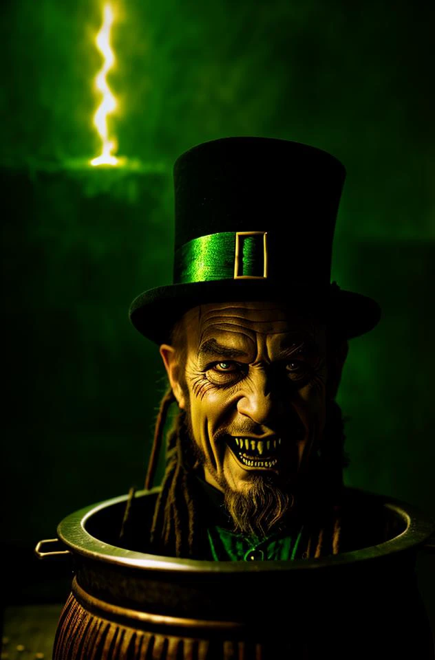 a evil leprechaun holding a glowing pot of gold, in his lair, bone sculptures, <lora:add_detail:1>, <lora:st1cky:0.8> l1fel1ke, st1cky, veins