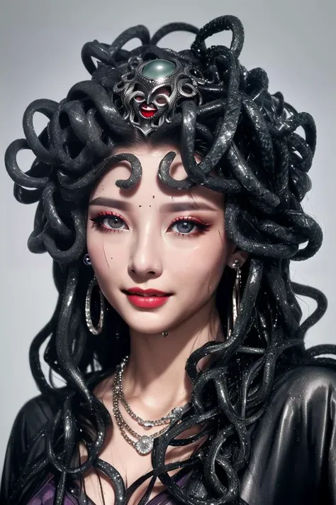 cinematic, full color, (closed shot:1.23), long nose, (wet clear eyes, symmetrical eyes), archaic smile, (snakes-hair head:1.3, medusa head:1.3), an exquisitely beautiful Medusa is enchanting the viewer, cleavage, toned waist, (wearing elegant __fashion__ , necklace, earrings, bracelet, cosmetic bag):1.3, bright lighting cabaret